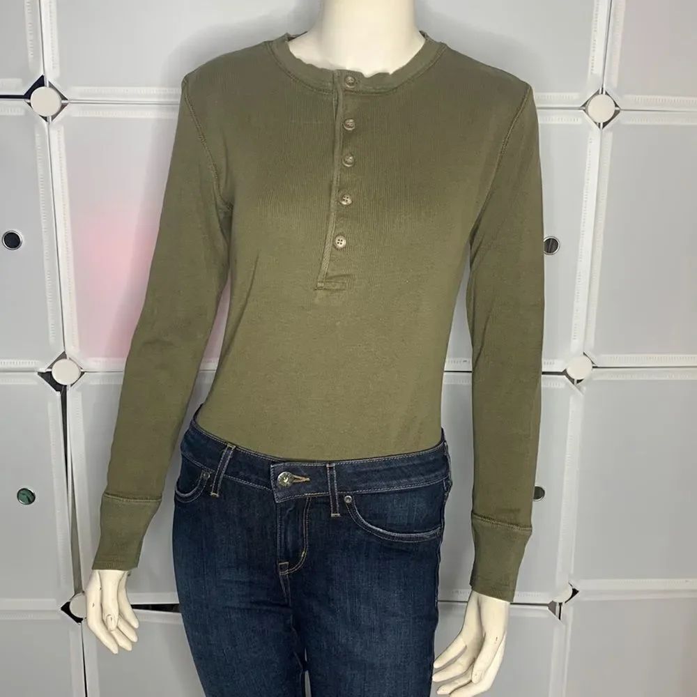 Ralph Lauren Vintage Olive Green Long Sleeve Henley Bodysuit Size Small